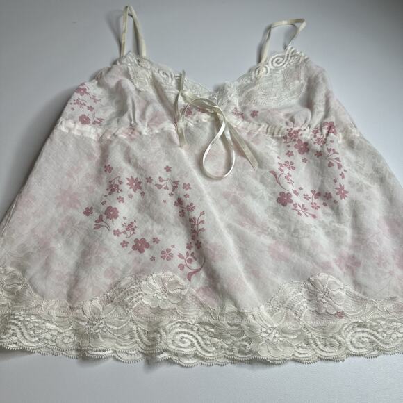 Lindex Lace Trim Floral Camisole White Pink Bow Coquette Ballet Cottage S/M - Picture 8 of 11